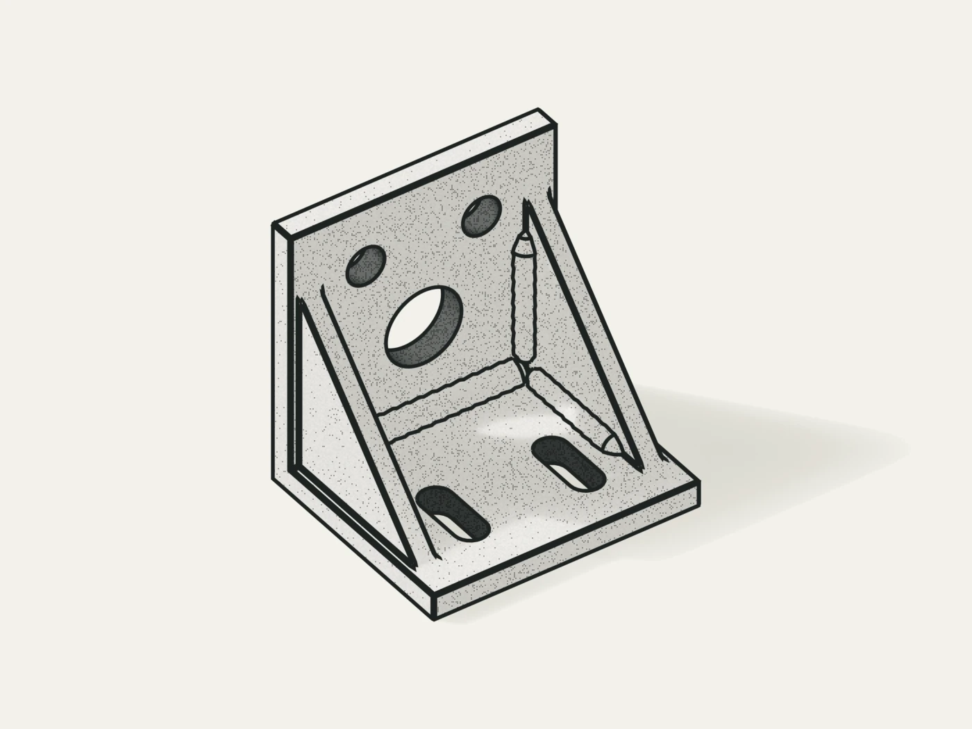 Line drawing of a gusseted steel angle bracket with fillet welds