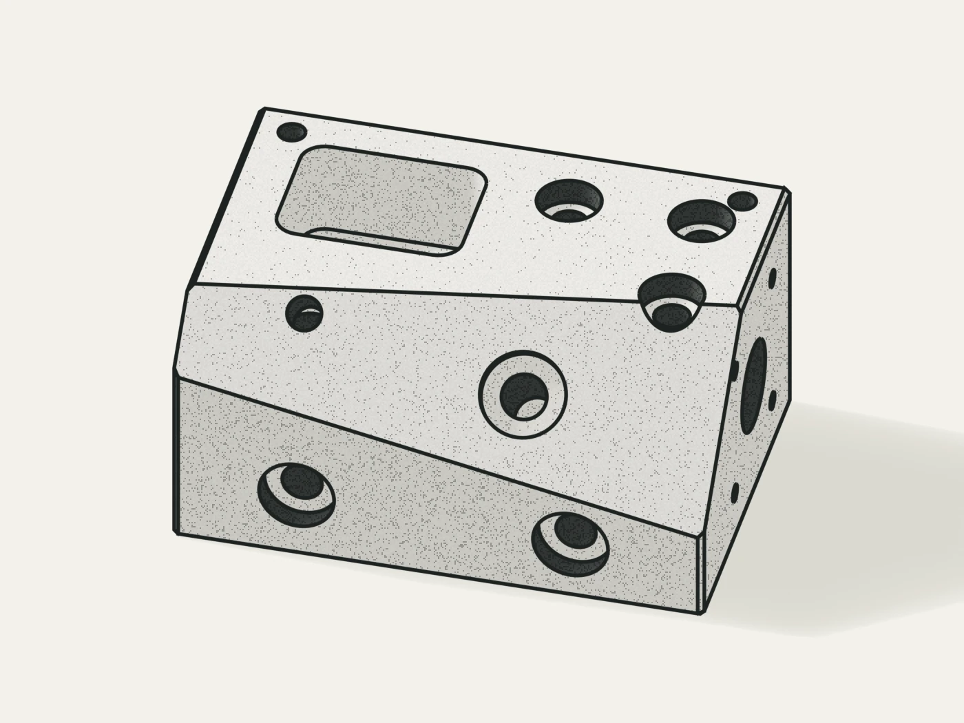 Line drawing of a 5-axis milled aluminum manifold block with pockets and angled ports